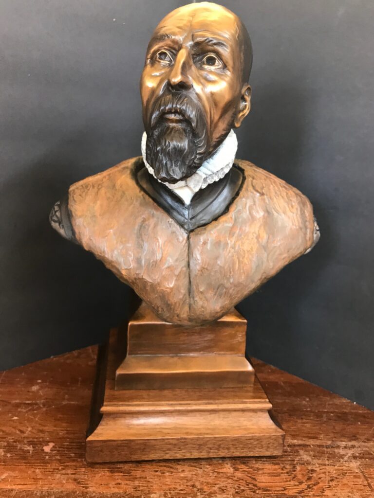 historical bronze portrait bust of abraham ortelius, cartographer, creator of first atlas, tom white, public bronze sculptor commission statues, custom monumental bronze sculptures