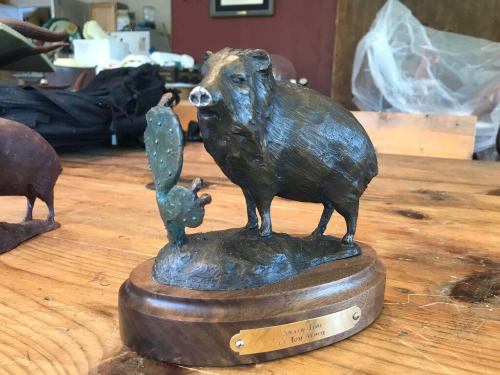 Bronze Wildlife Sculptures &ndash; &ldquo;Sharing the Land&rdquo; scene of antelope, javelina, and flora including cactus and century plant in Prescott Valley, AZ by Tom White, sculptor / artist. Desktop Statue.