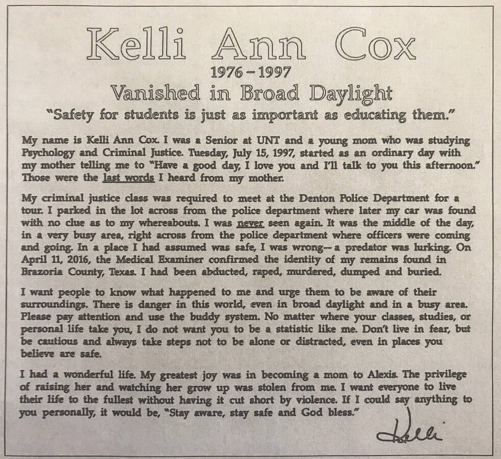 NKelli Cox Memorial portrait statue is a bronze sculpture on the campus of UNT in Denton, Texas. Kelli was murdered by a serial killer and missing for 19 years. The sculpture honors her and the joy she felt in her daughter who also attended UNT years later. Created by master sculptor, Tom White