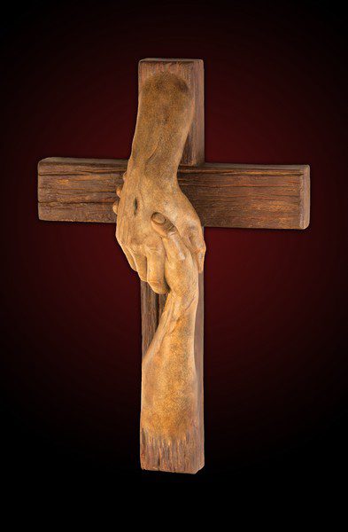 Tom White Studios, Inc | Cross Sculptures Calvary Jesus Rescued Statue Vertical view of bronze hand on cross