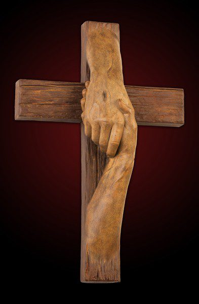 Tom White Studios, Inc | Cross Sculptures Calvary Jesus Rescued Statue Bronze cross with Jesus' hand gripping a rescued hand