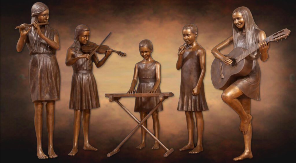 Bronze quintet: flute, violin, keyboard, singer, guitar