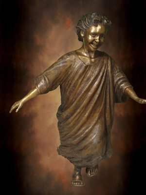 Tom White Studios, Inc | Children & Adults Figurative Bronze Statues Boy Running Bronze Statue, part of Welcoming Christ sculpture scene of Jesus and Children, by Tom White, sculptor.