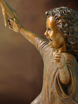 Tom White Studios, Inc | Children & Adults Figurative Bronze Statues Bronze Child Statue, part of Welcoming Christ sculpture scene of Jesus and Children, by Tom White, sculptor.