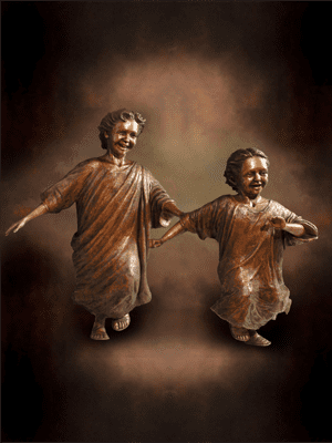 Tom White Studios, Inc | Children & Adults Figurative Bronze Statues Children Running Bronze Statues, part of Welcoming Christ sculpture scene of Jesus and Children, by Tom White, sculptor.