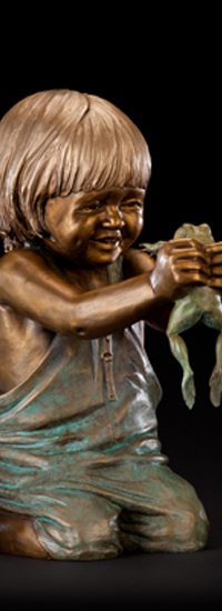 Tom White Studios, Inc | Children & Adults Figurative Bronze Statues Kneeling girl bronze statue clutching frog