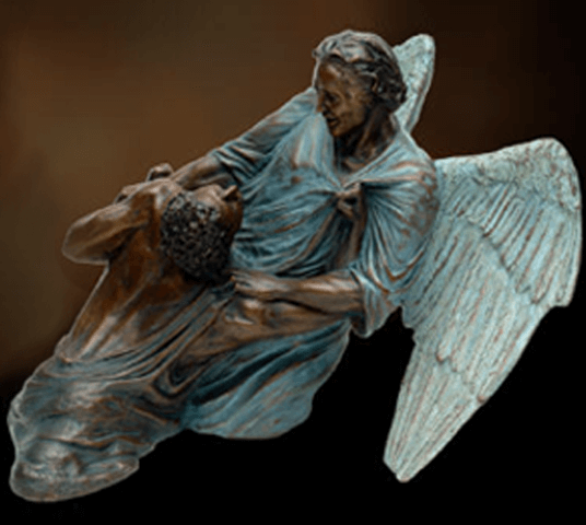 Patinated angel and Jacob bronze sculpture