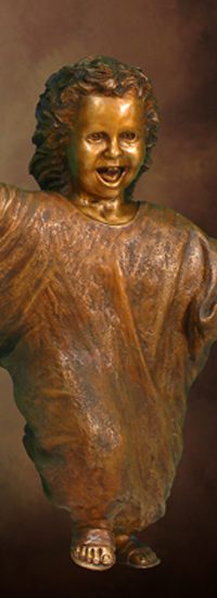 Tom White Studios, Inc | Children & Adults Figurative Bronze Statues Laughing Child Bronze Statue, part of Welcoming Christ sculpture scene of Jesus and Children, by Tom White, sculptor