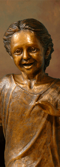 Tom White Studios, Inc | Children & Adults Figurative Bronze Statues Smiling Girl Bronze Sculpture, part of Welcoming Christ sculpture scene of Jesus and Children, by Tom White, sculptor.