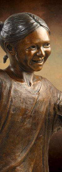Tom White Studios, Inc | Children & Adults Figurative Bronze Statues Smiling Girl Bronze Statue, part of Welcoming Christ sculpture scene of Jesus and Children, by Tom White, sculptor.