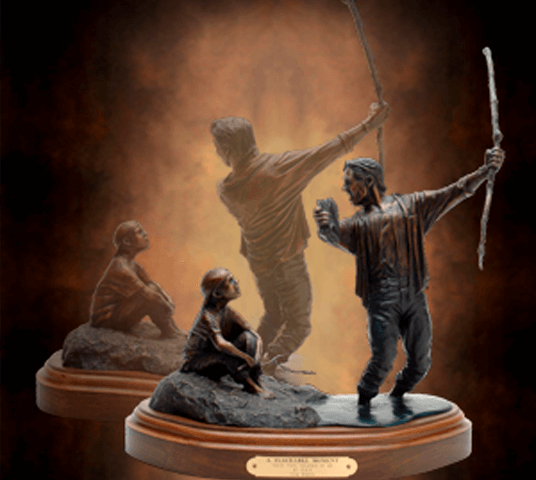 Biblical father and child bronze statue scene