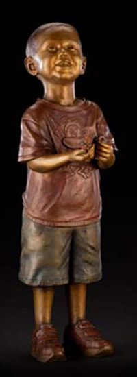Tom White Studios, Inc | Children & Adults Figurative Bronze Statues Smiling bronze child clutching model train