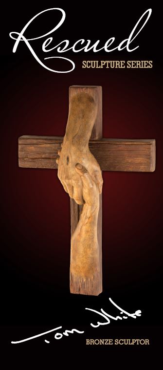 Rescued Cross bronze sculpture created by Christian sculptor, Tom White. Depicts Jesus nail-scarred hand rescuing mankind by His great love shown on Calvary by His death and the power of His Resurrection.