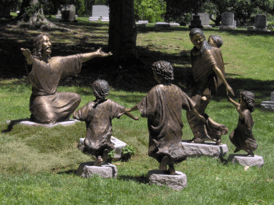 Tom White Studios, Inc | Jesus Statues Statue of Jesus welcoming children, Bevin Memorial, Cave Hill Cemetery Louisville Kentucky, bronze Christ sculpture, Tom White, commissioned public monumental sculptor