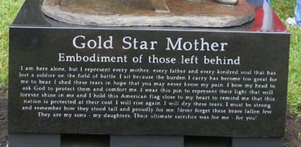 Gold Star Mother Plaque for Gold Star Mom Bronze statue. Monumental sculptures honoring Gold Star families and their sacrifice for war memorials and Veterans Parks by commissioned sculptor, Tom White.